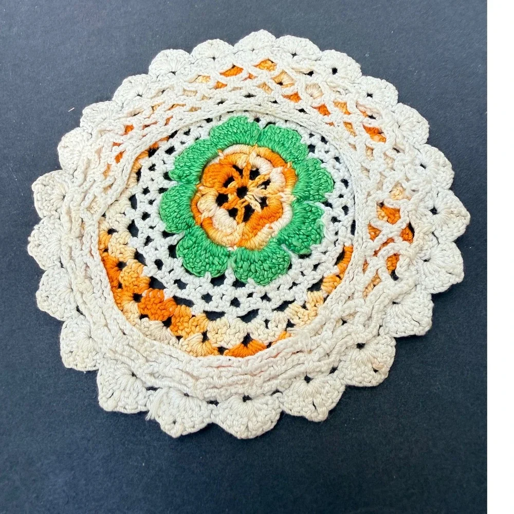 Vintage Handmade Crochet Floral Doily Round Orange Green Cream Lace 6 Inch